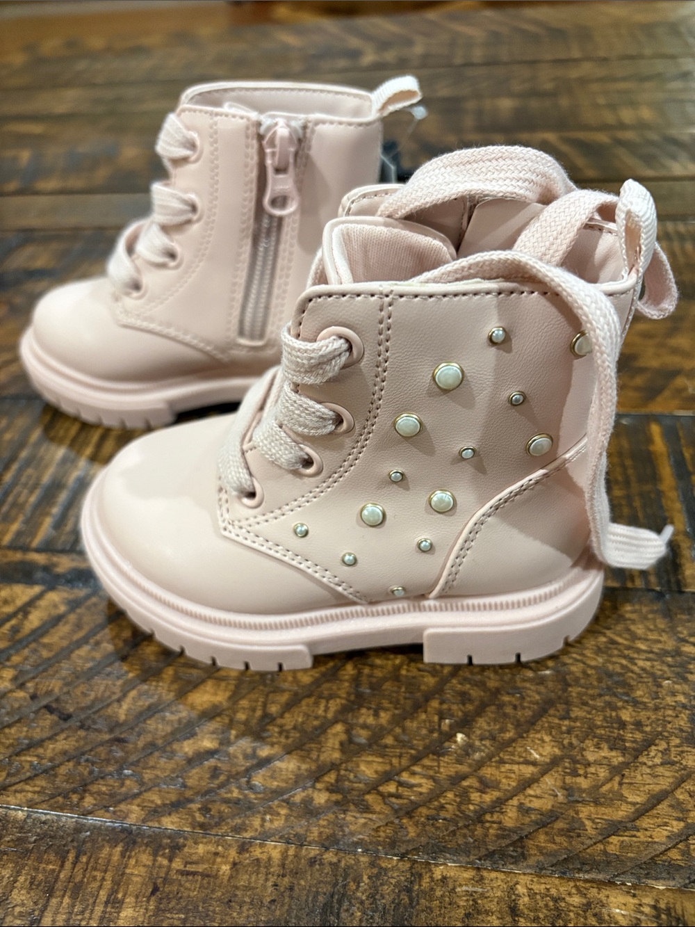 Pink pearl Studded Lace-Up Boots with zipper side